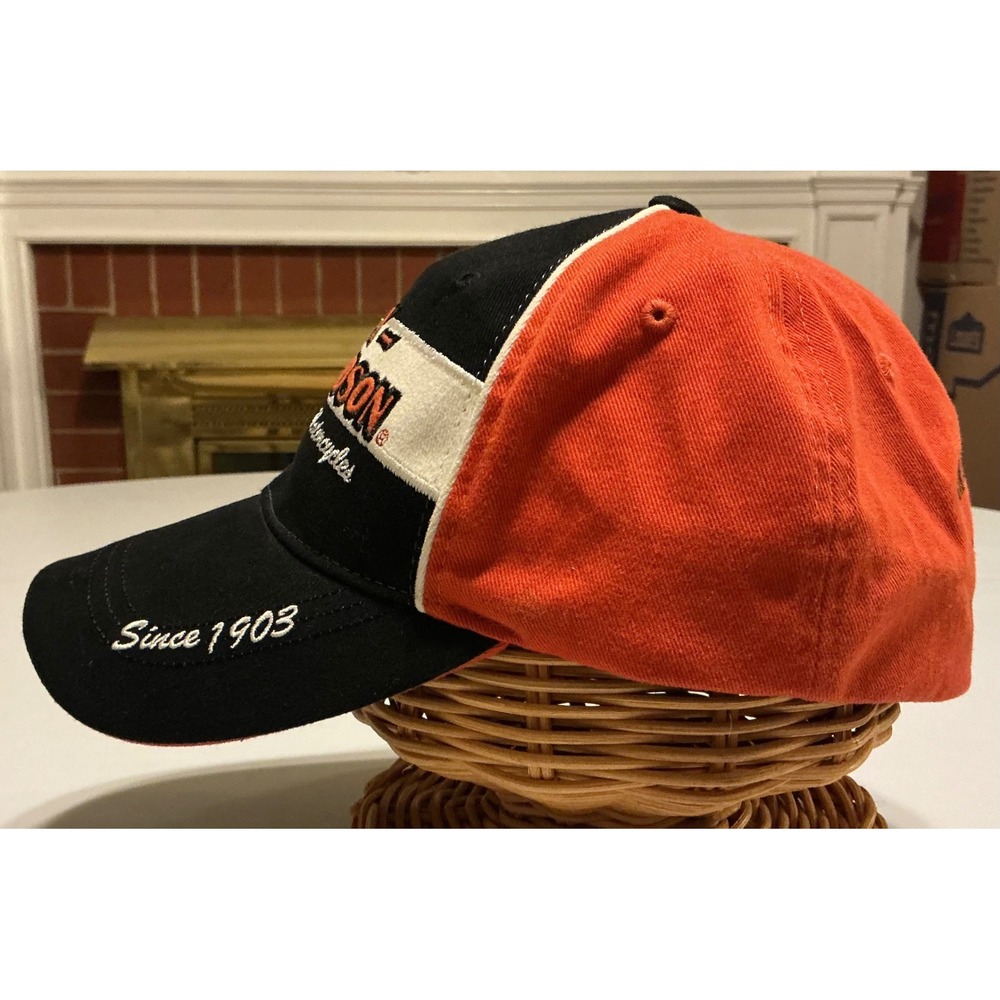 Harley Davidson Embroidered Biker Grunge Baseball Cap Hat Orange Black Mens L - Picture 2 of 7
